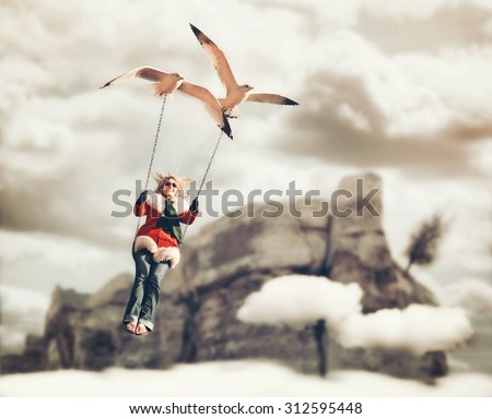 a pretty girl being carried on a swing by two seagulls in a surreal digital manipulation with a cliff and clouds in the background (FOCUS IS ON THE BIRD)