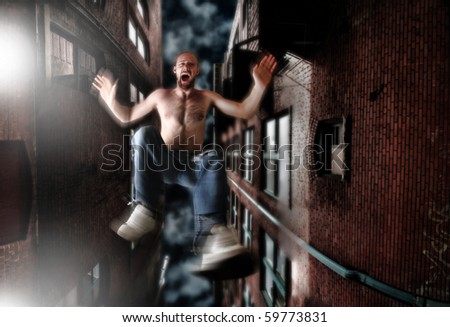 a man falling off the roof of a building