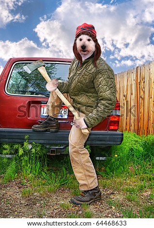 a redneck dog with an axe in his hands 