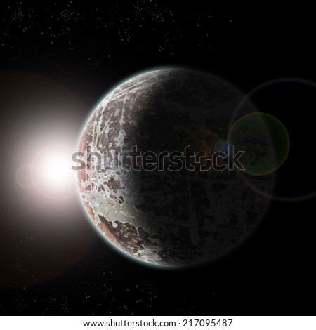 Rock planet from space at sun dawn and stars -
