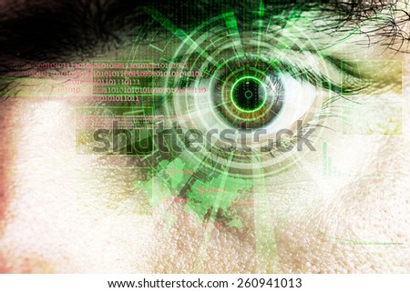 rendering of a futuristic cyber eye with laser bright light effect