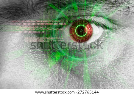 rendering of a futuristic cyber eye with green laser light effect