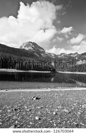 The lake in mountain black and white
