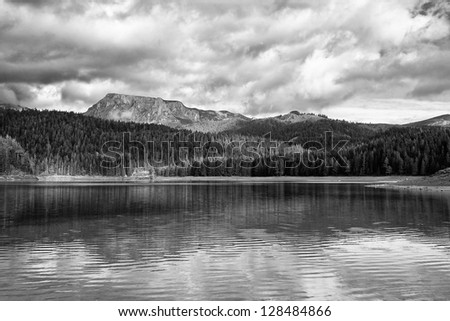 lake and mountains black and white