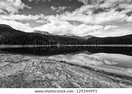 Landscape with mountains and the lake black and white