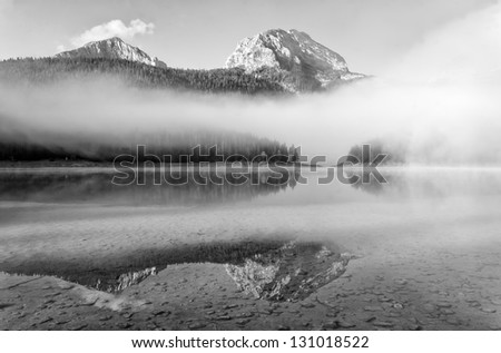Dramatic scene the mountain lake black and white