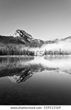 Morning the lake in mountain, black and white