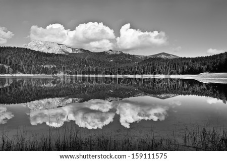 Lake in mountain, black and white