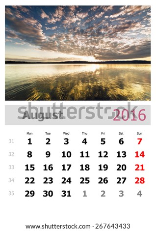 Calendar 2016 . August