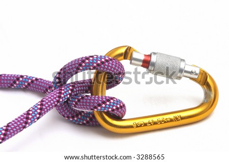 Carabiner whit climbing knot, isolated on white background