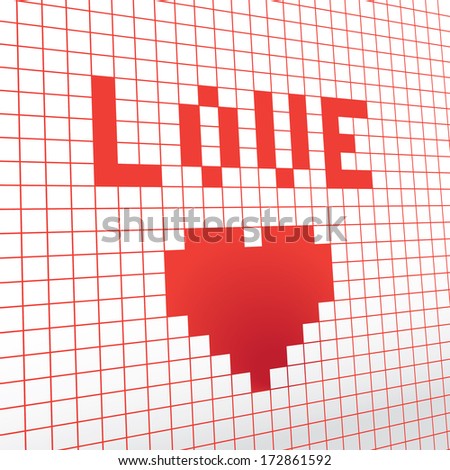 Red edition of a 8 bit heart emotion illustration in valentines day and love subject in a 3d origami space, red colorful background graphics for printed brochure  or for screen