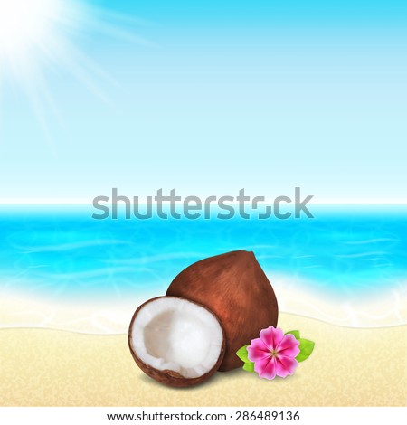 Summer vacation background. Tropical sun, sea and beach. Coconut with flower. Summer holidays