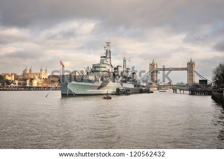 Panoramic photograph from river Thames, Tower Bridge, Tower of London and HMS Belfast