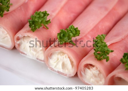 Ham rolls filled by whipped cream