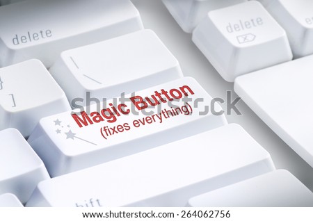 Closeup of Magic Button on computer keyboard which claims to Fix Everything; represents IT support, computer problems, fixes, solutions, lost files, program crashes, internet connection; fixes it all!