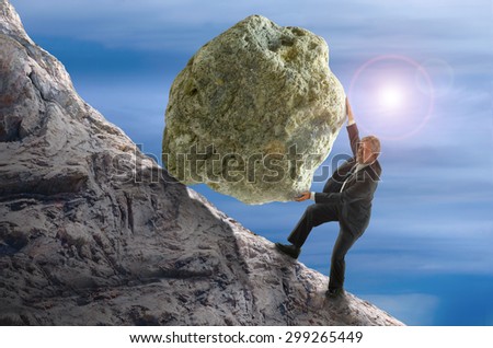 Sisyphus metaphor showing a man struggling to roll a giant rock ball up hill representing business struggles, hard work, environmental threat risk, personal struggles, determination and more.
