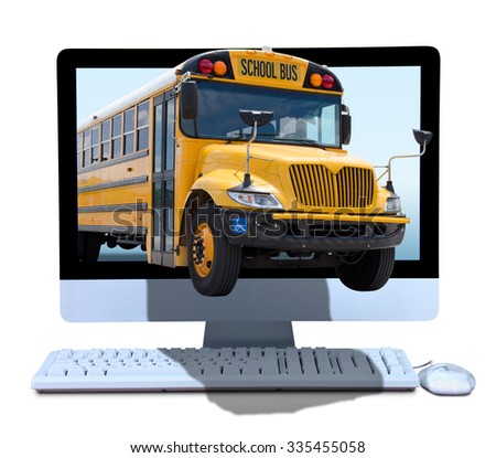 A yellow school bus coming out of a computer screen illustrating online education and teaching with technology and e-learning.