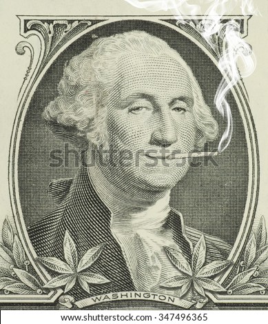 George Washington smoking a joint with pot leaves along the bottom representing legalization and decriminalization of marijuana in the United States of America