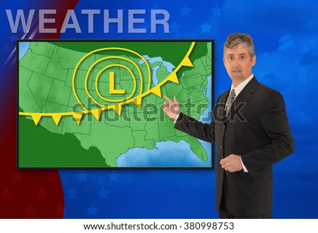 A tv television news weather meteorologist anchorman is reporting with a colorful background and weather graphics on the monitor screen.