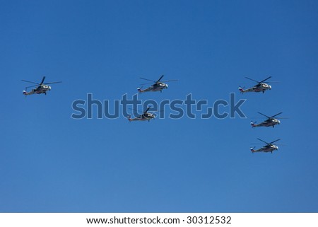 MOSCOW - May 9: Russian Air Force helicopters (attack helicopters Mi-24) at Victory Parade on May 9, 2009.