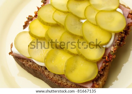 Open sandwich with brown bread, brown bread, pickled cucumber slices and mayonnaise.