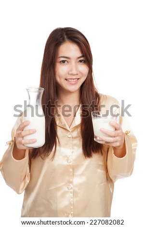 Happy Asian woman drink milk in morning  isolated on white background