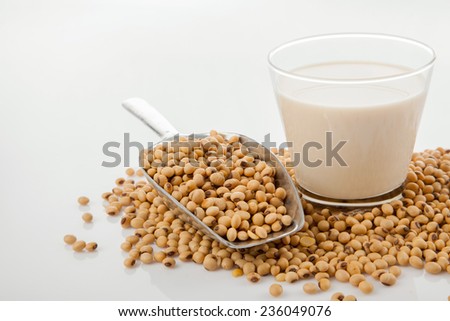 Soy milk in glass with soybeans and  transfer scoop on white background