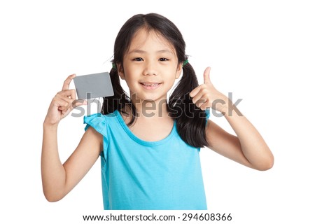 Little asian girl thumbs up with a blank gray card  isolated on white background
