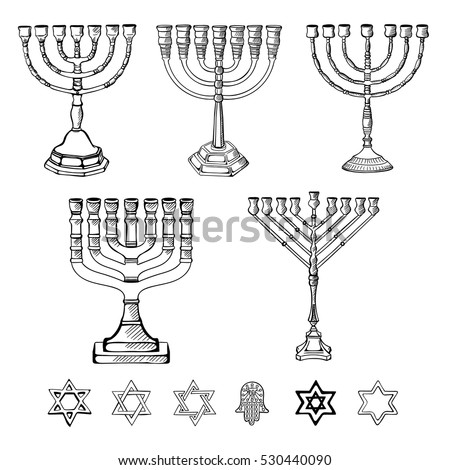 Traditional Jewish symbols and attributes of the holiday set. Jewish religious symbol menorah