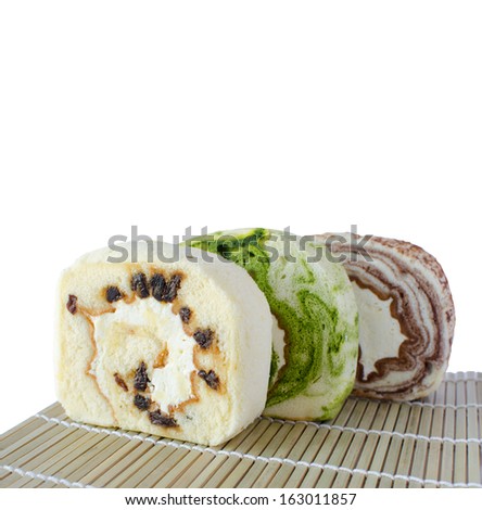 Green tea cake Roll and raisin cake Roll and chocolate cake Roll with fresh cream