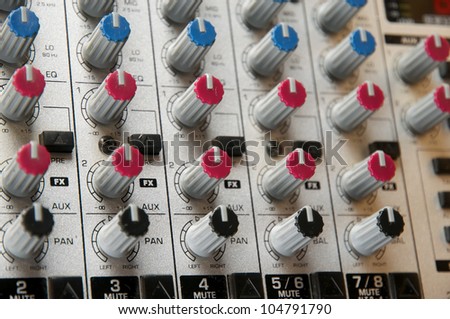 Recording Studio, live sound, Close up of audio mixer. Performance. Music Production.