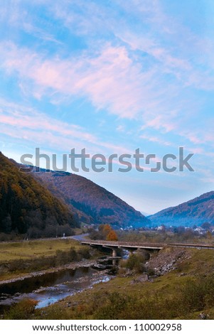 Autumn evening mountain village (Kolochava village, Carpathian , Ukraine).