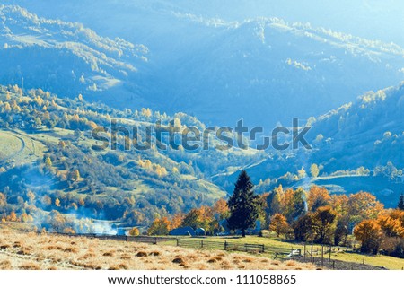 Autumn mountain country landscape with village on slope (Carpathian, Ukraine).