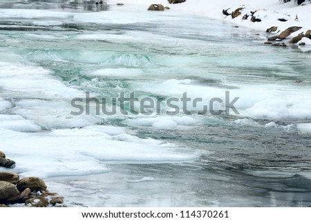 Winter (spring beginning) mountain river view with ice on water surface