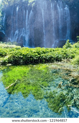 Summer view of large waterfall and clear lake with green plants at the bottom (Plitvice Lakes National Park, Croatia)