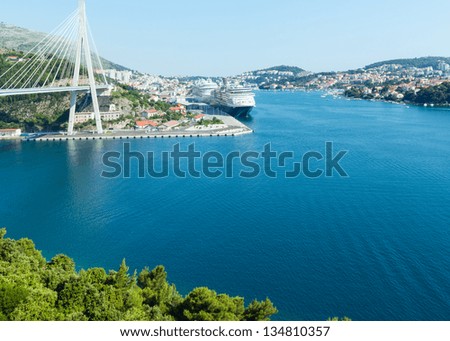 Summer coast view of  Dubrovnik City (Croatia) with big liners in port.