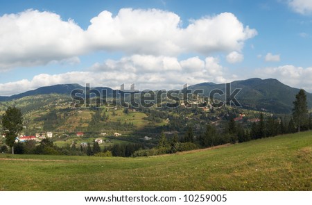Summer mountain village outskirts (Slavske village, Ukraine, Carpathian Mts).