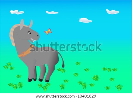 grey donkey on summer green meadow and butterfly (rasterize from vector )