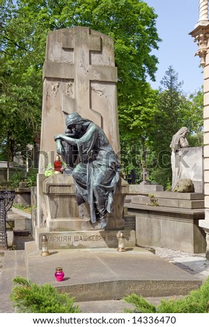 famous Ukrainian poet, writer, and interpreter Markiyan Shashkevych monument on ancient Lychakivskyj cemetery (Lviv City, Ukraine)