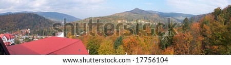 Autumn Jaremche Town view (Ivano-Frankivsk Region, Ukrainian Carpathian Mountains Resort). Four shots composite picture. Make from \