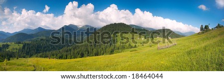 Summer mountain blossoming green meadow with farmhouse. Three shots composite picture.