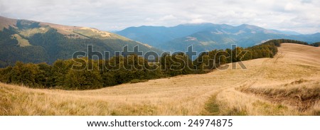 Carpathian Mountains (Ukraine) landscape and snow on distant top. Three shots composite picture.