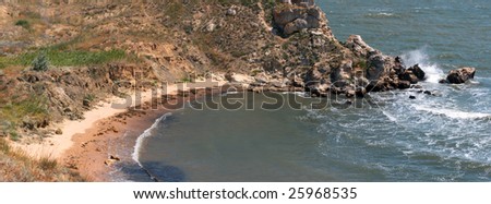 Morning summer sea and surf wave break on coastline. Six shots composite picture.