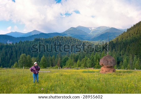 Summer mountain blossoming green meadow with haystack (Carpathian Mt-s, Ukraine).