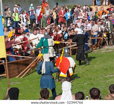 KHOTYN-MAY 2: Medieval historical reenactment festival Battle of Nations (mass full-contact battles between the national teams of Ukraine, Russia, Belarus, Poland) - May2,2010 Khotyn fortress, Ukraine