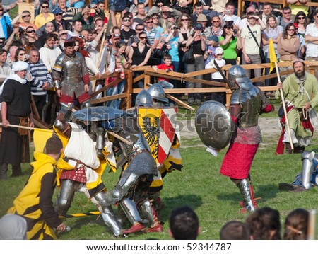 KHOTYN-MAY 2: Medieval historical reenactment festival Battle of Nations (mass full-contact battles between the national teams of Ukraine, Russia, Belarus, Poland) - May2,2010 Khotyn fortress, Ukraine