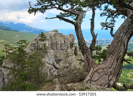 Yalta City view from Aj-Petri Mount slope (trail Botanical, Crimea, Ukraine) and Christian cross on rock above.