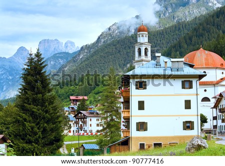 Tranquil summer Italian dolomites mountain village view from Auronzo di Cadore village