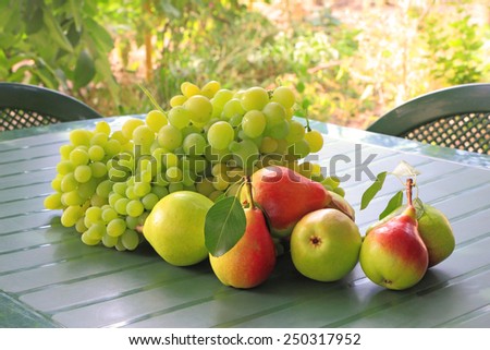 Bunch of grapes and pears on a table