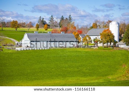Generic looking colonial style dairy farm in New England, America